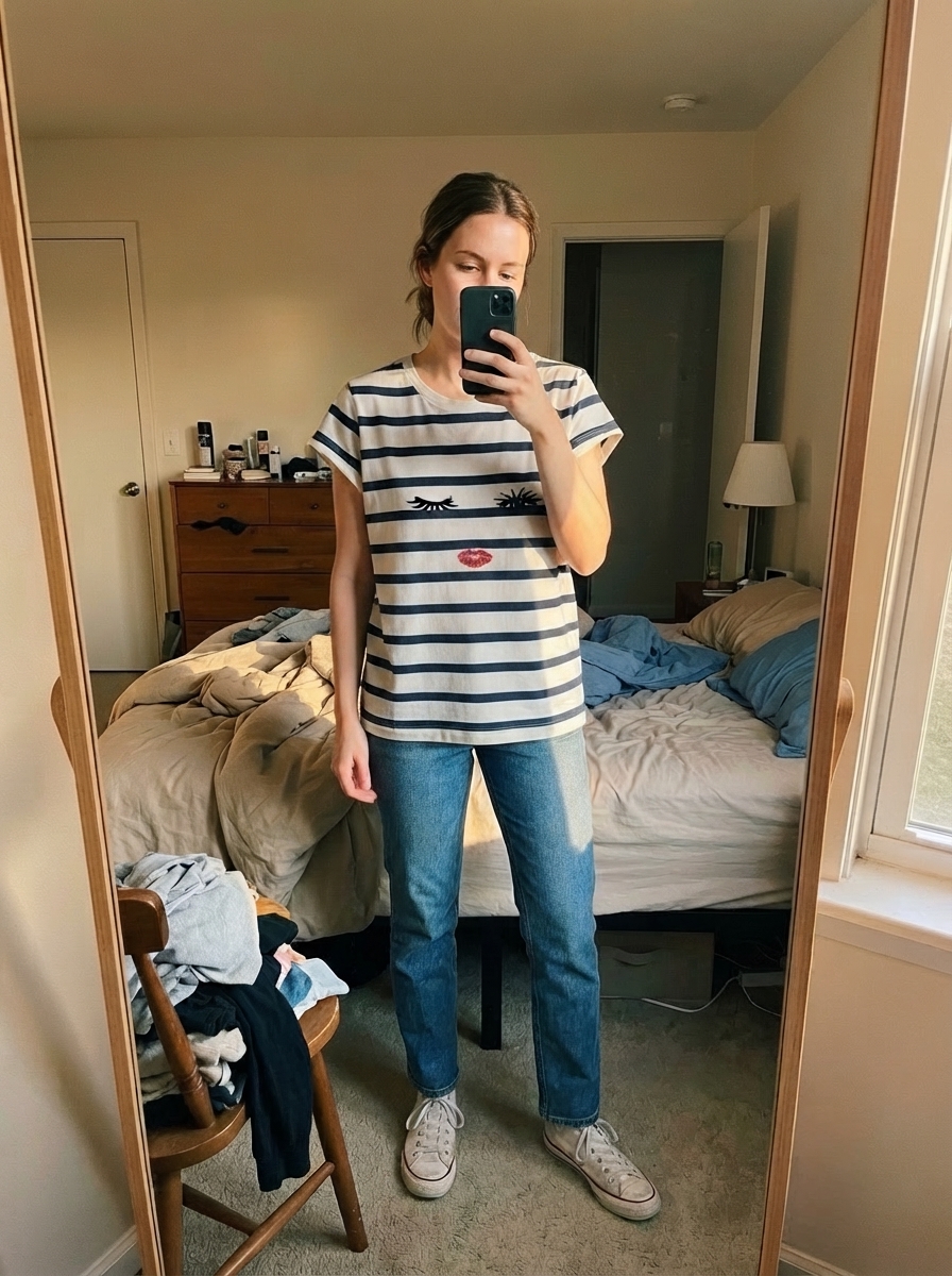 The same person wearing the garment after the virtual try-on